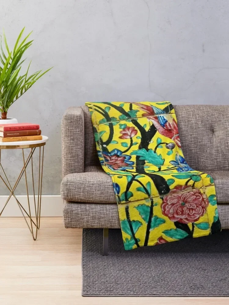 Persian Flowers and Birds Tile Mosaic Shiraz Iran Throw Blanket Soft Nap Hairy Blankets