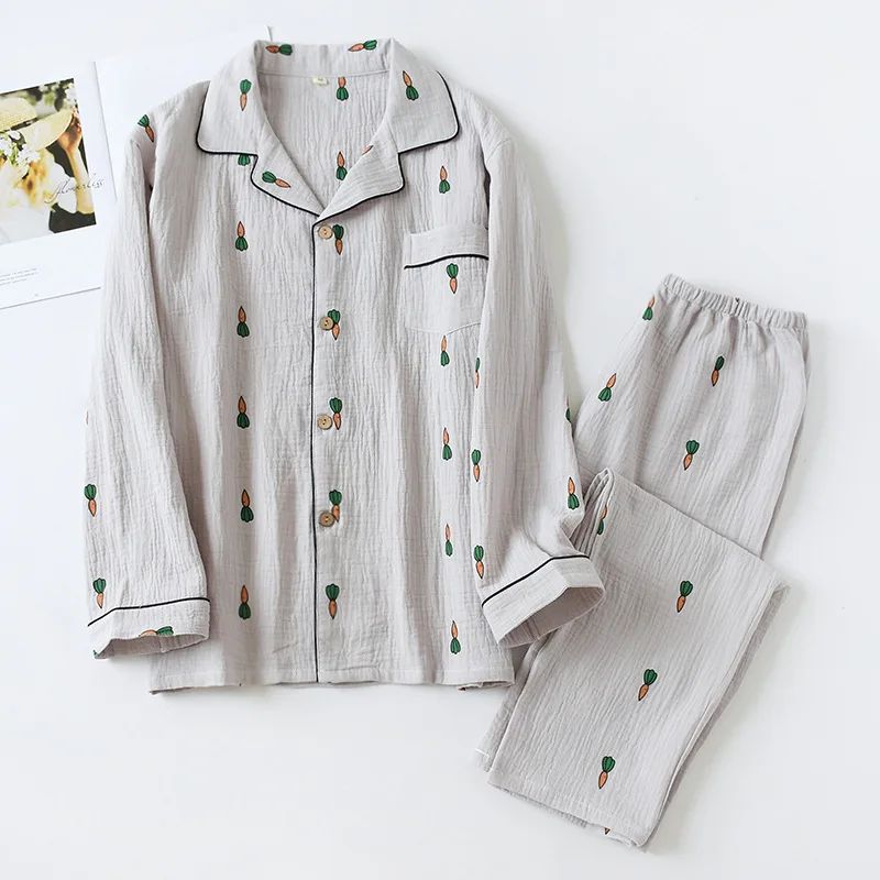 New Men's Pajamas Set Crepe Cotton Soft Homewear Loungewear Set Spring Summer Autumn Long Sleeve Home Clothing For Sleepwear