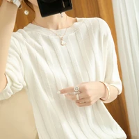 pure cotton knitted half sleeve bottoming round neck pullover loose short t shirt womens 2022 new top cotton line half sleeve