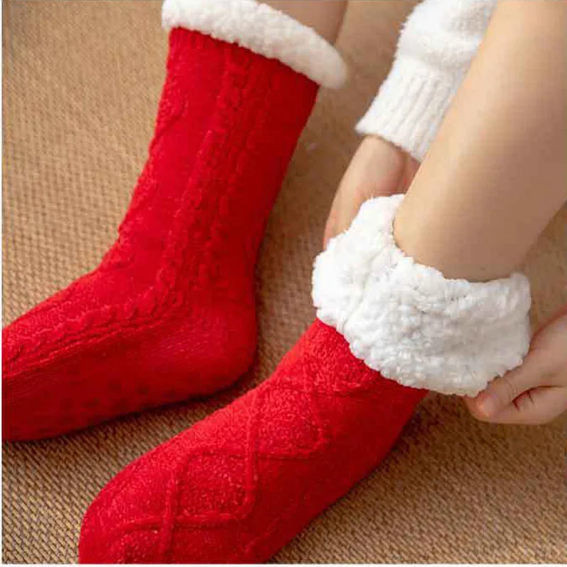 Fuzzy Sock Womens Winter Warm Plush Female Non Slip Anti Skid Grip Sleeping Floor Slippers Short Thermal Fluffy Sock Ladies