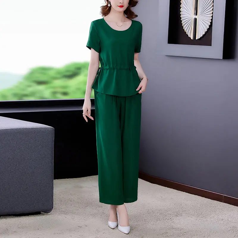 

Женский летний Модный повседневный костюм, свободный однотонный топ и свободные широкие брюки, комплект из двух предметов для мамы, I64, 2022