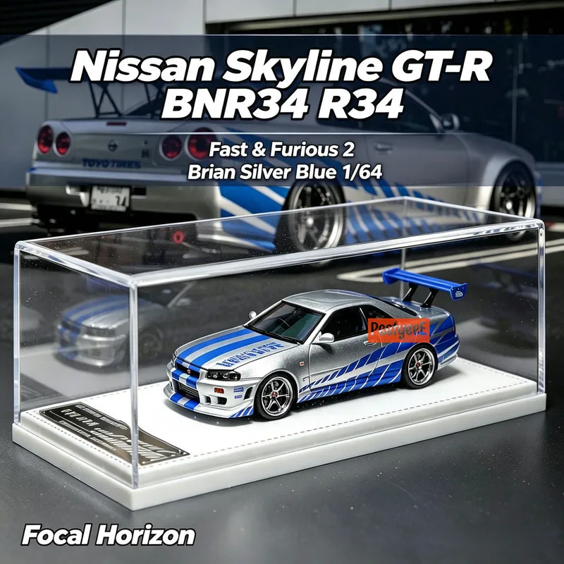 Фото Коллекционная модель автомобиля Focal Horizon 1/64 Nissan Skyline GT-R R34 из серии «Форсаж», литая под давлением, из сплава, имитация, игрушка-подарок для мальчиков №1