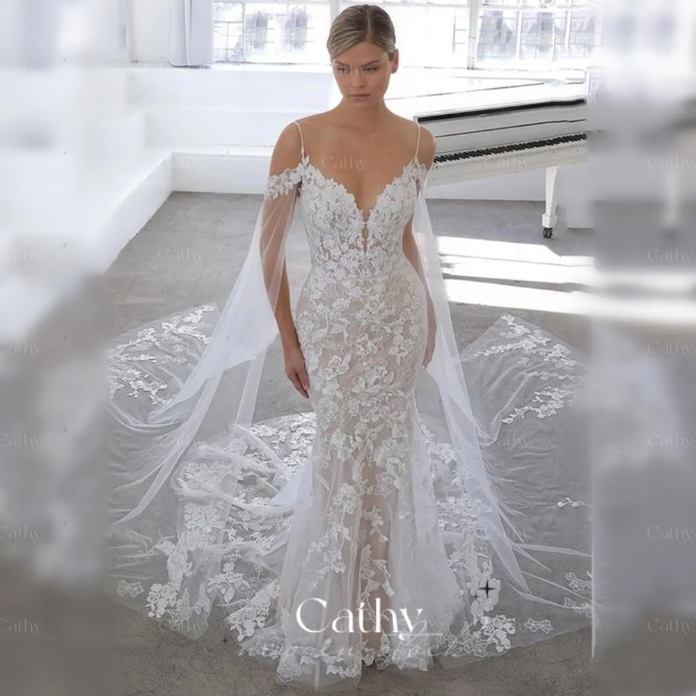 

Lace Appliques Mermaid Wedding Gowns for Bride Off The Shoulder Wedding Dresses Court Train 2022 Trumpet Bride Gown