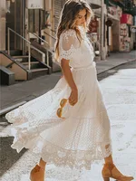 Cross Semi-Sheer Plunge V-Neck Short Sleeve Beach Maxi Dress Femme Vestidos Hollow Out White Summer Women Long Lace Dress