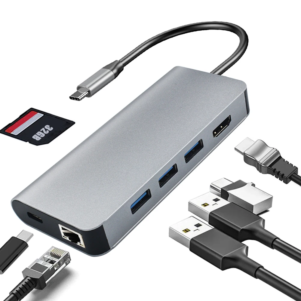 

8 в 1 USB C концентратор 4K 30 Гц Тип C к HDMI-совместимый RJ45 USB 3,0 PD 100 Вт адаптер TF/SD карта USB C разделитель док-станция