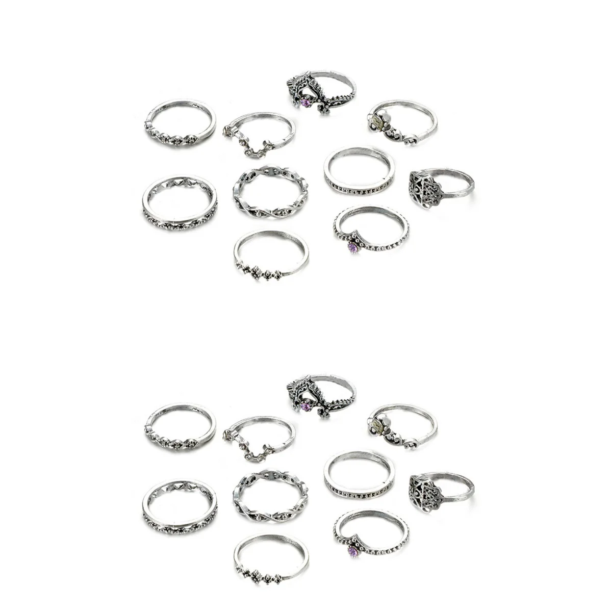 

Ring Set Vintage Rhinestone Rings Flower Finger Metal Alloy Crystal Purple Band Engraving Retro Silver Sterling Hollow Bridal
