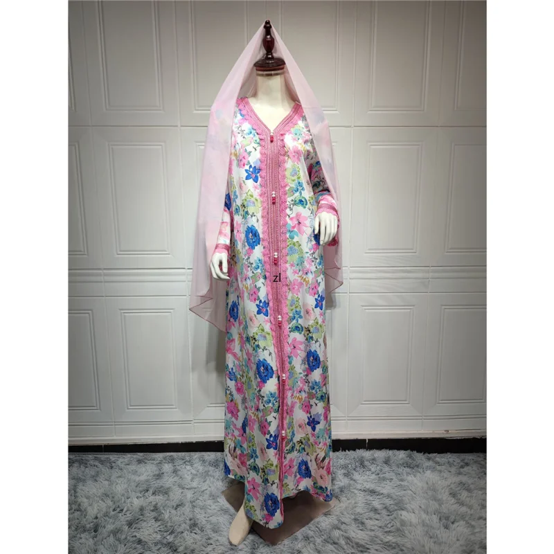 Elegant Jalabiya Floral Print Women Long Arabic Dress Moroccan Kaftan Dubai Abaya Evening Party Ball Gown Ramadan Muslim Robe