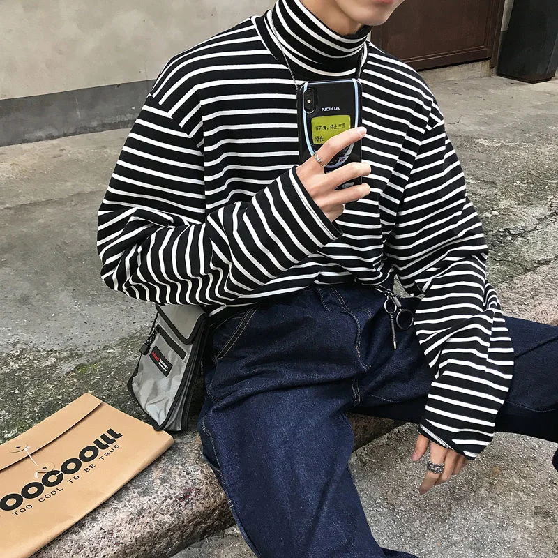 Harajuku Loose Fit Striped Tshirt Men Turtleneck Pocket Oversized T Shirt For Autumn Winter Clothing Camisas Casual Top | Мужская одежда