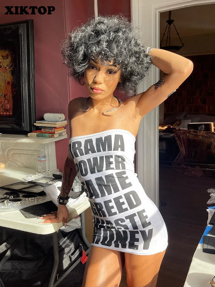 

Женское облегающее платье XIKTOP с буквенным принтом, летние сексуальные обтягивающие мини-платья с открытыми плечами, Y2K, Повседневная Улична...