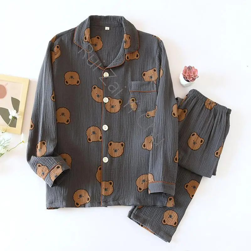 100% Cotton Yarn Couple Long Sleeve Pajamas Home Clothes Women and Men Thin Bear Print Sleepwear Two Piece Set Spring Pyjamas