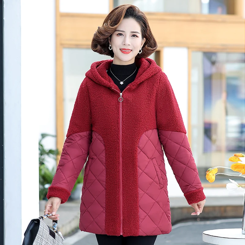 Hooded Parkas Women's Fleece Winter Jacket Warm Thicken Cotton Coat Loose Female Lambs wool Long Snow Parka Splicing Overcoat