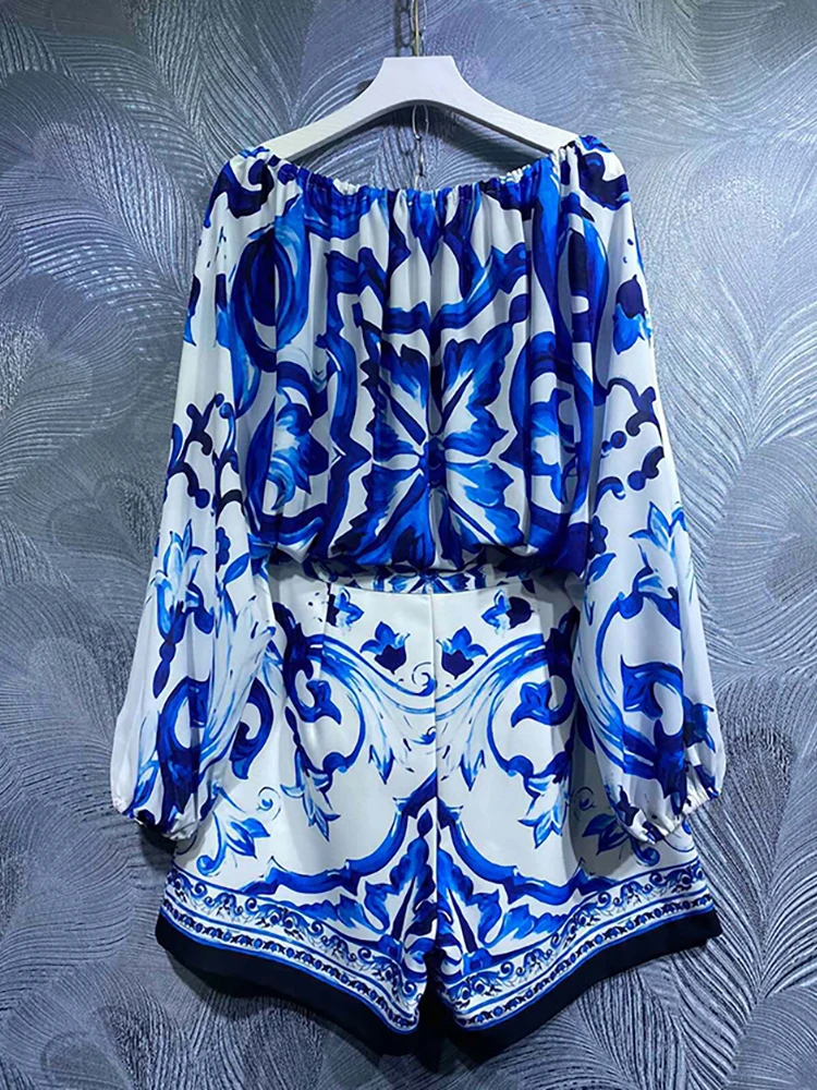 DLDENGHAN Women Suits Slash neck Lantern Sleeve Tops + Shorts Blue And White Porcelain Print Two Piece Set Designer Autumn New enlarge