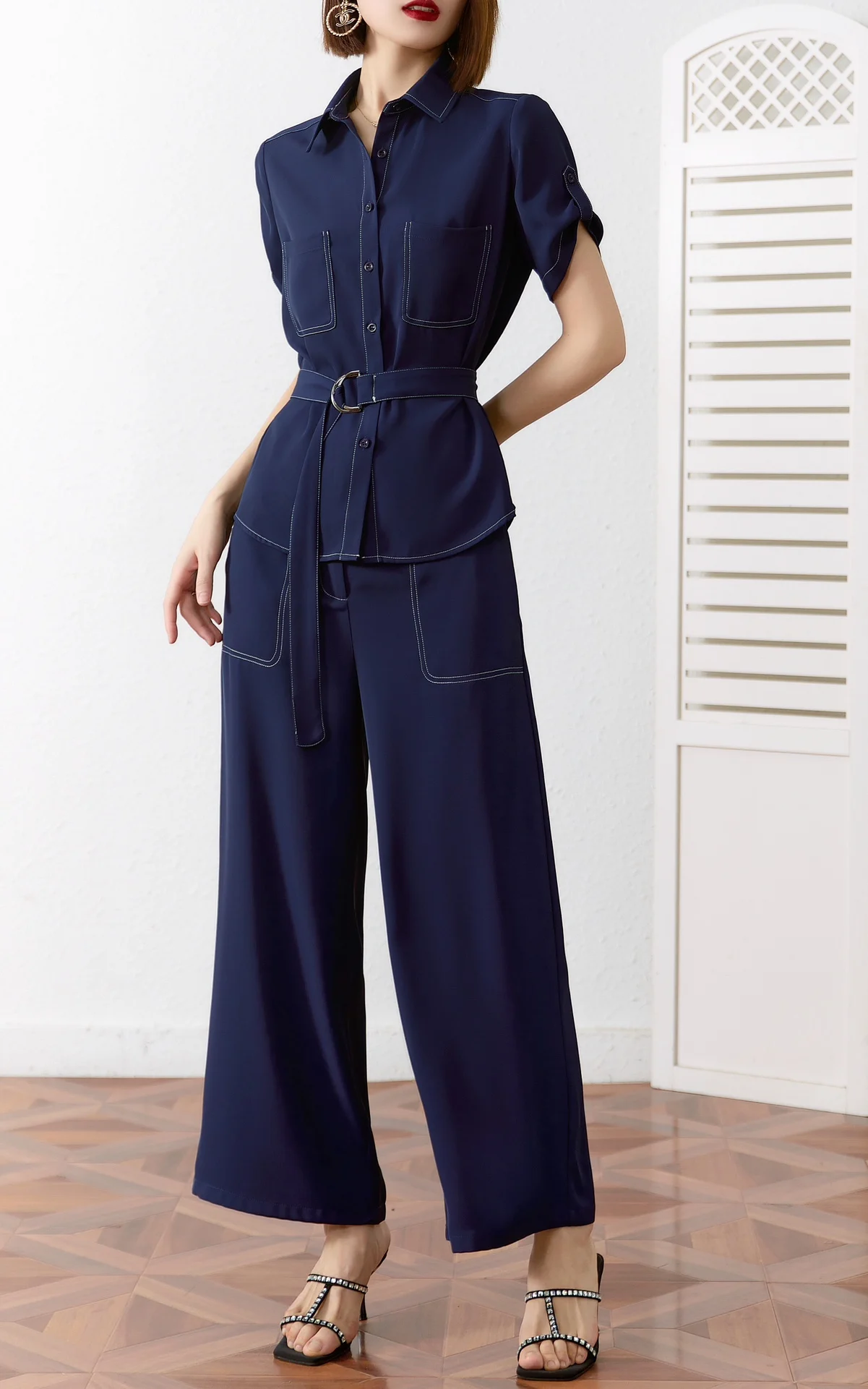 

2023 spring and summer women's clothing fashion new Shirt Wide Leg Pants Two-Piece Suit 0413