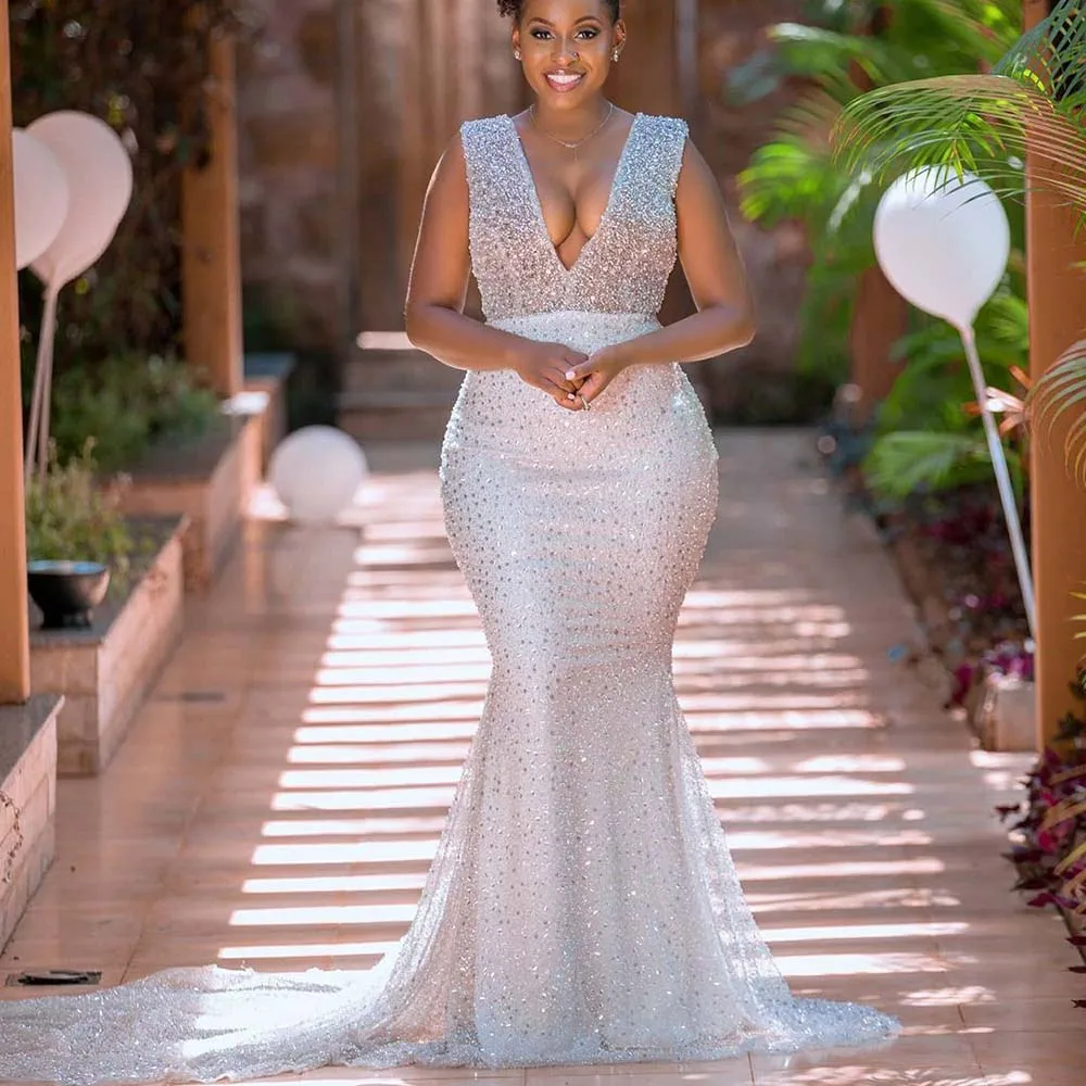 

Dress Fashion Sleeveless Deep V-Neck Sequined Empire Maxi Dress Party Dance Evening Femme Formal Prom Sexy Mermaid Dress