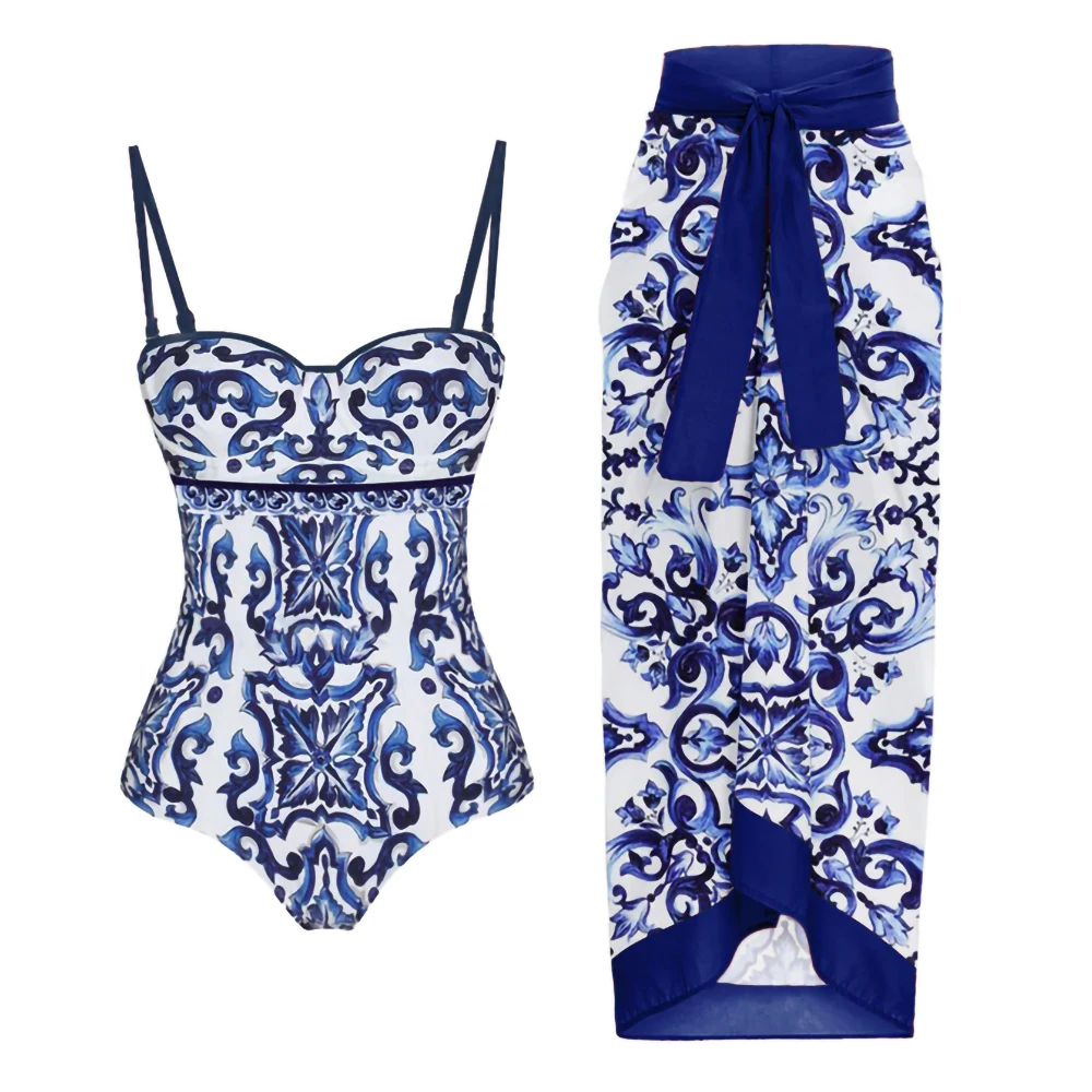 

Blue and White Porcelain Print Sling Bikini and Cover Up One-Piece Waist Sexy Backless Tight Swimsuit Elegant Ladies Beachwear