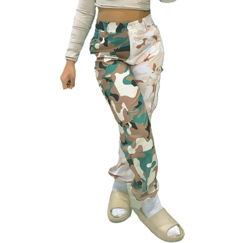 

WUHE Camouflage Patchwork with Pocket Military Women Pants Vintage Zipper Fly High Waist Trousers Streetwear Safari Style Pants