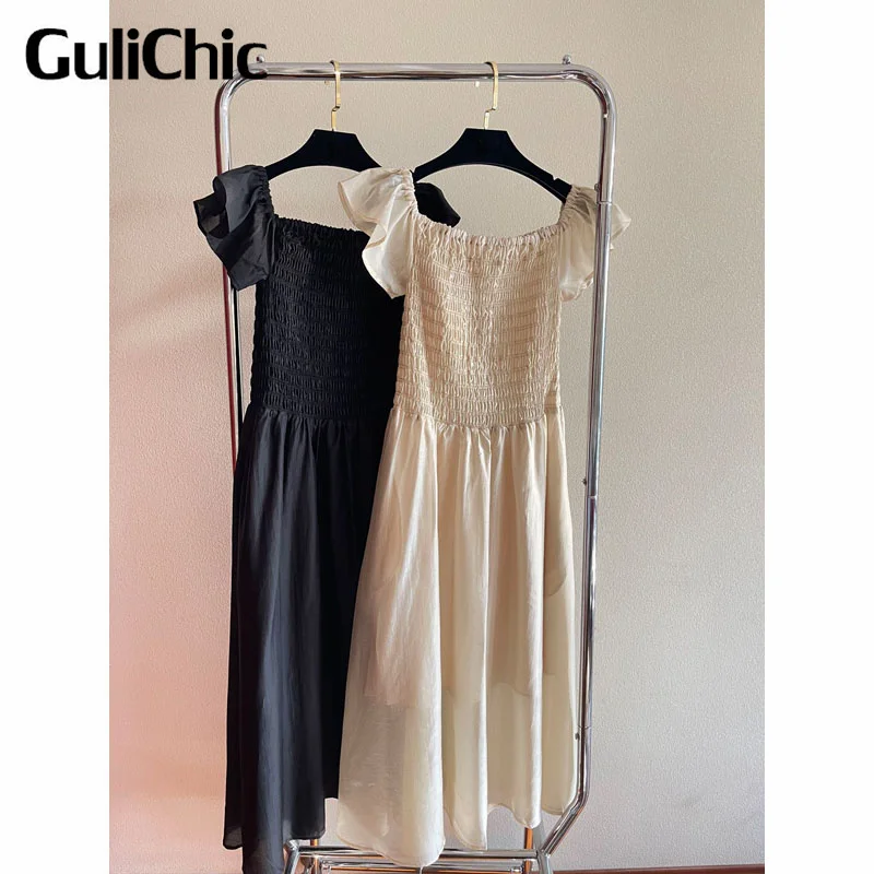 

3,17 г., GuliChic, повседневное, модное, удобное, с квадратным вырезом, с маленьким летающим рукавом, эластичное, со складками, тонкое платье для женщин