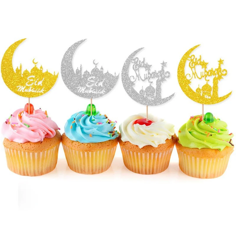 

Golden Eid Mubarak Acrylic Cake Toppers Castle Moon CupCake Topper for Ramadan Islamic Muslim Festival Party Cake DIY Decoration