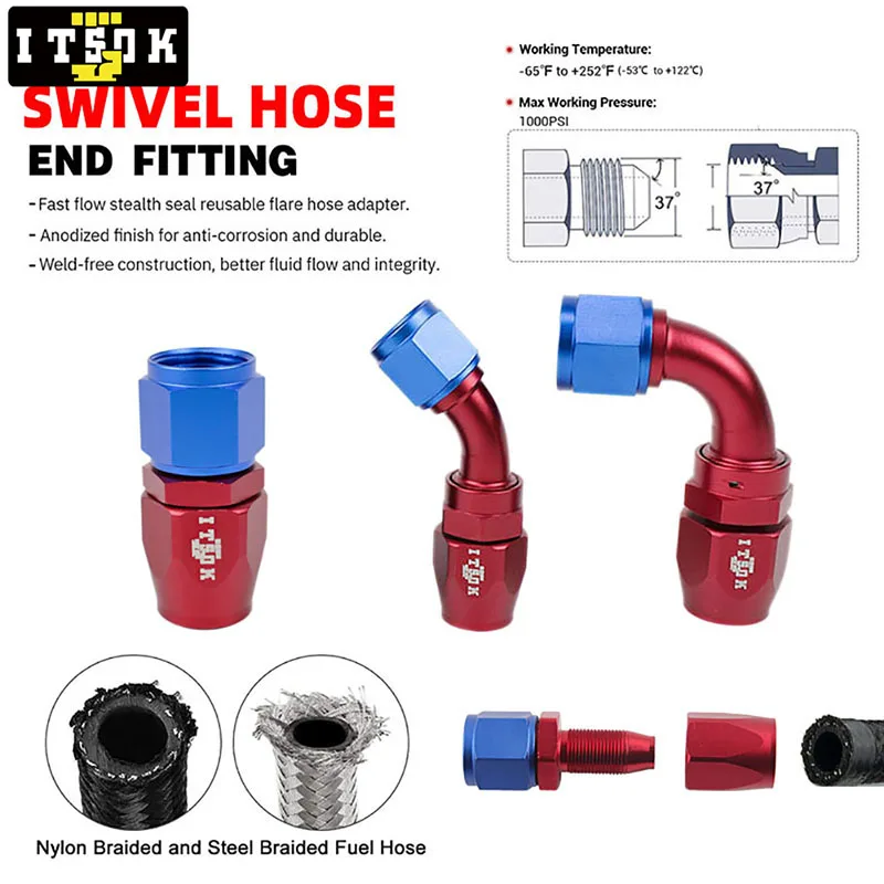 Универсальный Алюминиевый шланг для масла 1 шт. AN4 AN6 AN8 AN10 AN12 0 ° 45 90