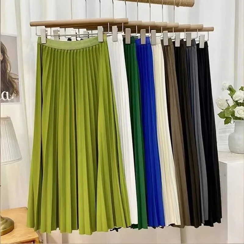 

Rimocy Pleated Elastic High Waist Skirts Women 2022 Autumn Solid Color Long Skirt Ladies Casual Loose A Line Midi Skirts Woman