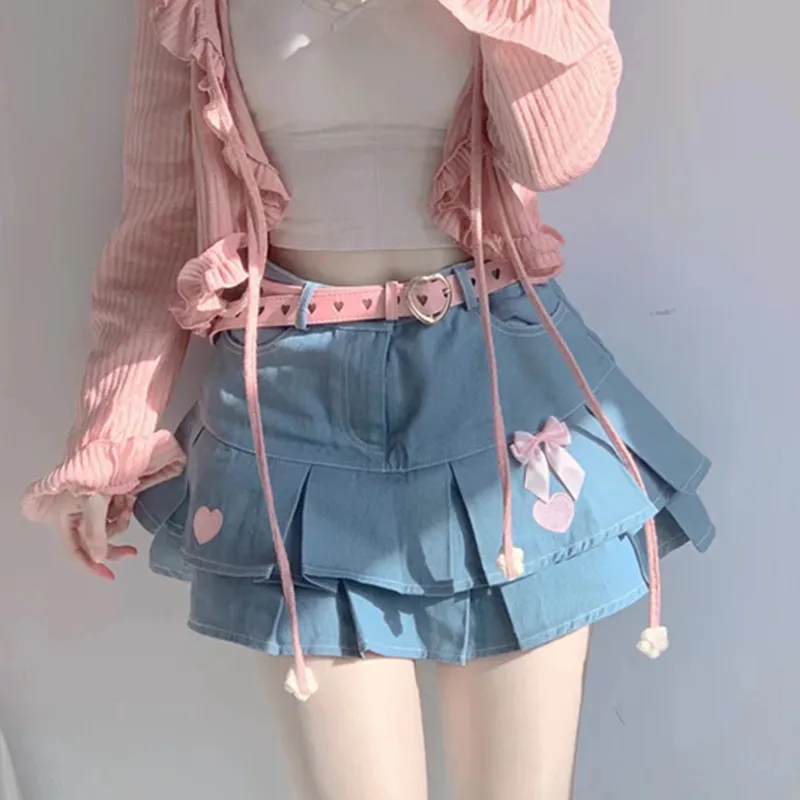 Y2K Women Summer Korean Vintage Pink Sweet Lolita Sexy Mini Skirt Denim Skirts Egirls Aesthetic High Waist Bow A-line Clothes