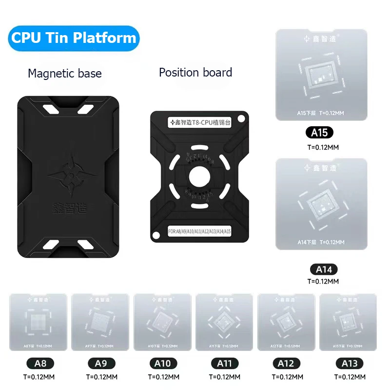 

8 in 1 Universal CPU Reballing Stencil Platform For iPhone A8/A9/A10/A11/A12/A13/A14/A15 IC Chip Planting Tin Template Fixture