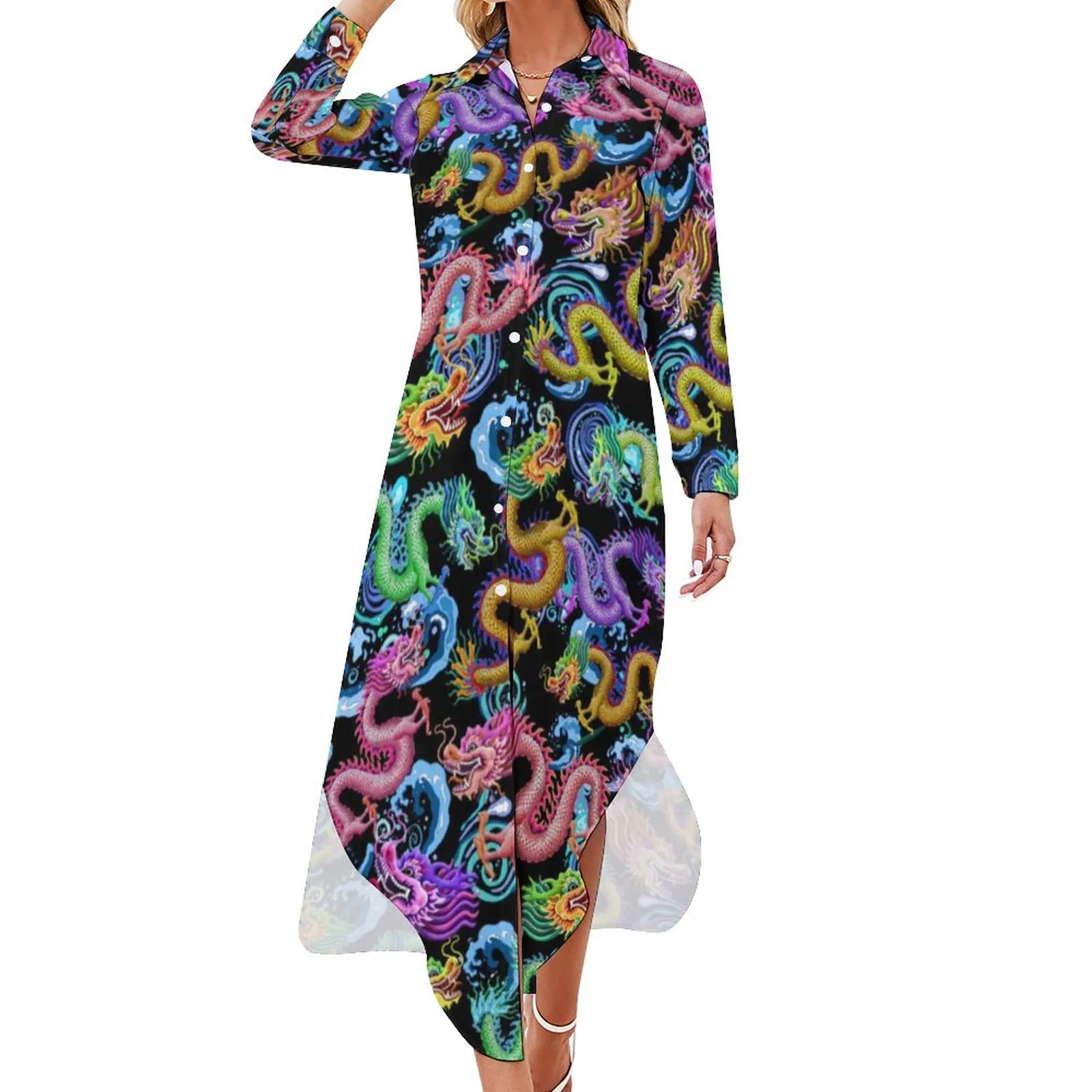 

Dragon Storm Casual Dress Colorful Dragons Print Stylish Dresses Sexy V Neck Festival Chiffon Dress Long Sleeve Big Size 4XL 5XL