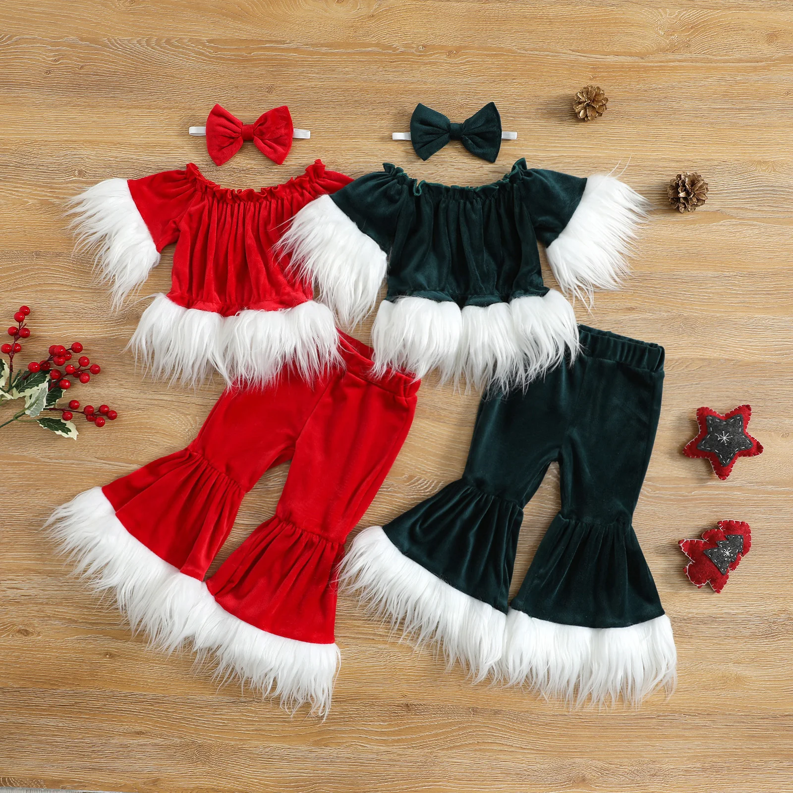 

6M-5Y Christmas Toddler Kid Girls Clothes Set Red Green Velvet Plush Crop Tops Pants Xmas Outfits Costumes