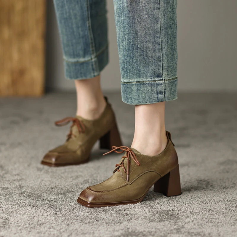 NEW Spring/Autumn Women Loafers Square Toe High heels Genuine Leather Chunky Heel Pumps Women Plus Sizes Retro Lace Black Shoes