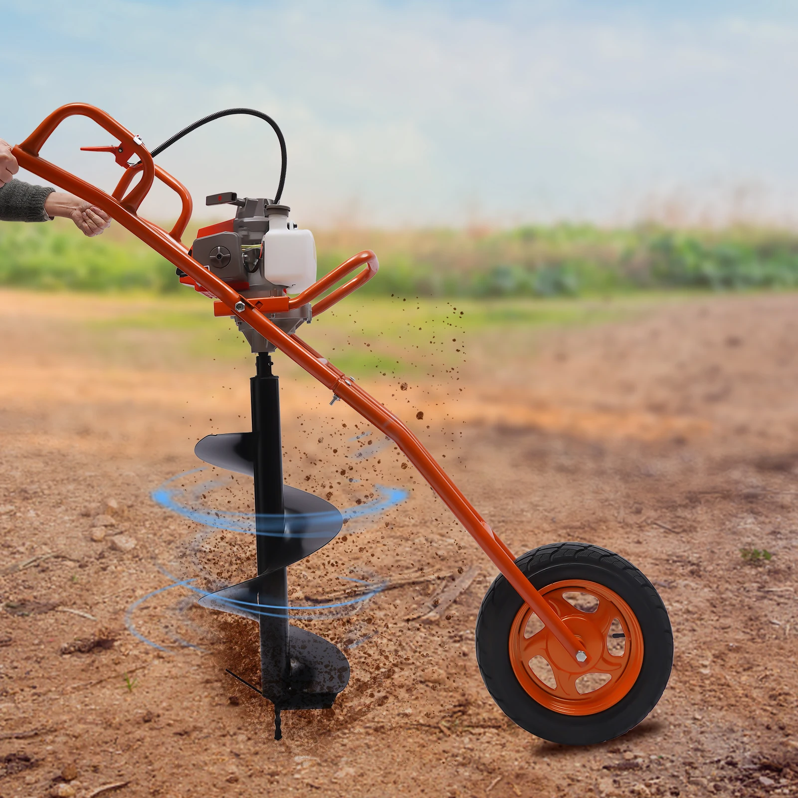 63CC 3HP Gas Powered Post Hole Digger Hand Push Earth Auger Borer Ground Drill Wheelbarrow w/ 11