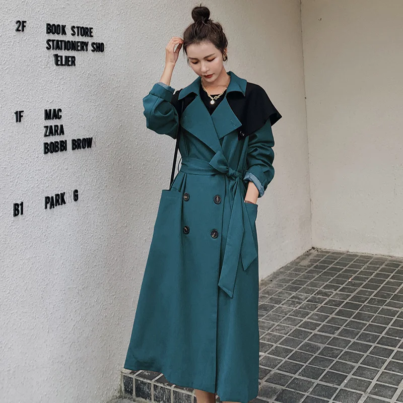 

Women's Coat Spring 2022 Windbreaker Jacket Long Trench Female Loose Ladies Cloak Classic Splicing Contrasting Colors Clothing