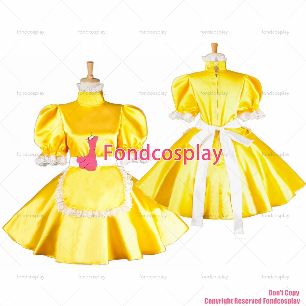 

fondcosplay adult sexy cross dressing sissy maid short lockable yellow Satin dress Uniform apron costume CD/TV[G1566]