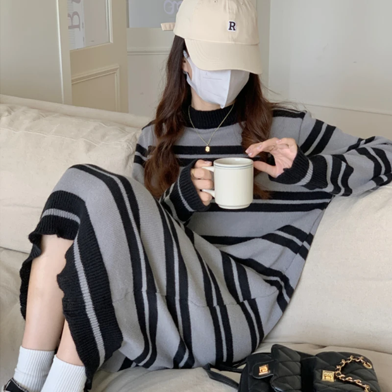 

Женское трикотажное платье в полоску, длинная свободная прямая мини-юбка, модель Y2k на осень и зиму, 2022