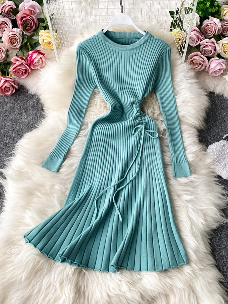 

Hikigawa Chic Fashion Sweet Elegant O Neck Drawstring Long Sleeve Knitted Dresses For Women Solid Midi Bottoming Vestidos mujer