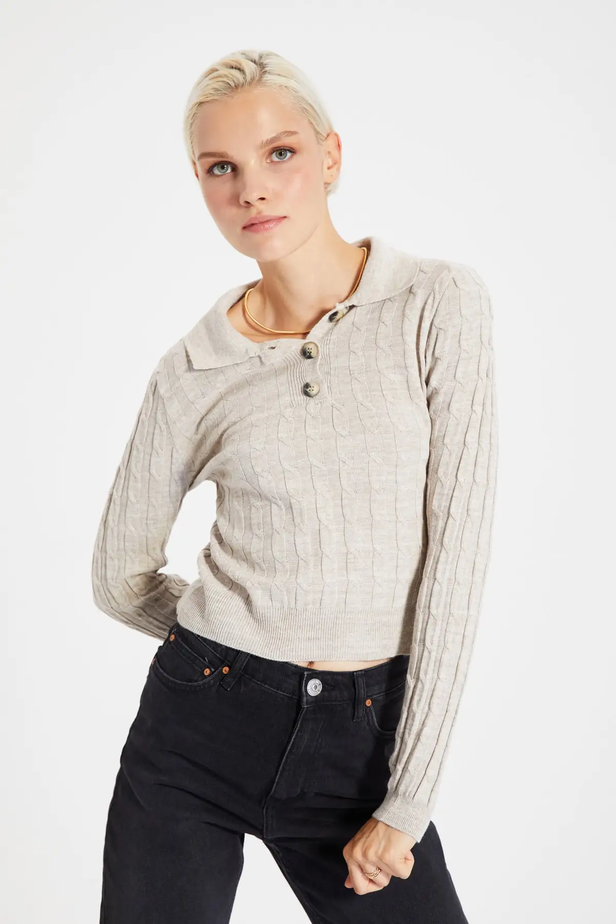 

Trendyol Polo Collar Mesh Detailed Knitwear Sweater TWOAW22KZ1686