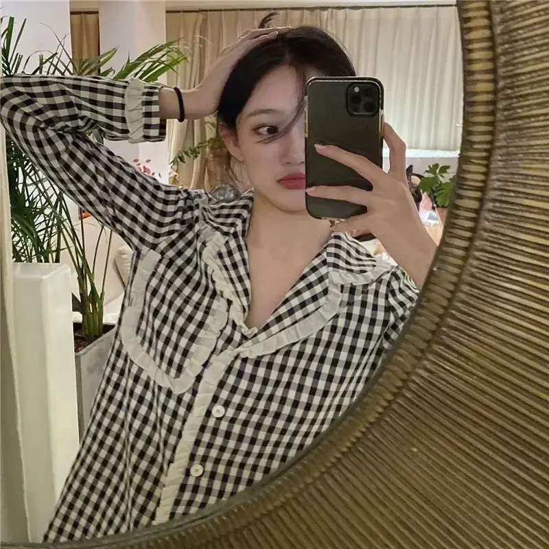 Korean Pajama for Women Summer Milk Silk Sleepwear Sets Teen Girls Sweet Plaid Lapel Pyjama Kawaii Ruffle Pijama Home Suit