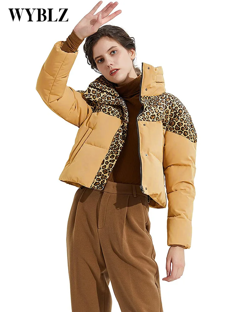 Autumn Winter Women Zipper Leopard Stitched Cropped Jacket Fashion Brown Warm Padded Coat Casual Long Sleeve Streetwear Jackets