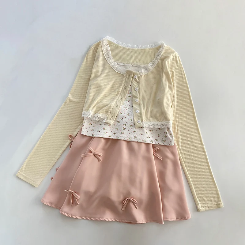 

Prairie Chic 3 Piece Sets Women Floral Crop Top Lace Trim Cardigans Bow A-Line Mini Skirt Kawaii Clothes Sweet Girls Outfits