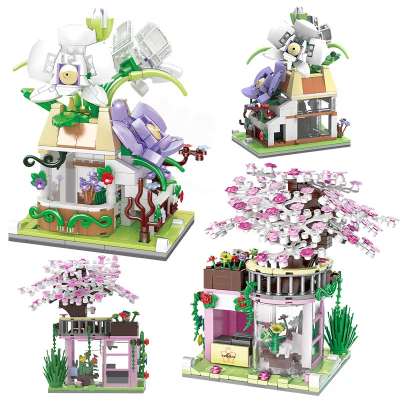 

Креативный микро-Орхидея, Буш, цветок вишни, дом, уличный вид, модель, строительные блоки, Мини цветочный букет, магазин игрушек подарок для в...