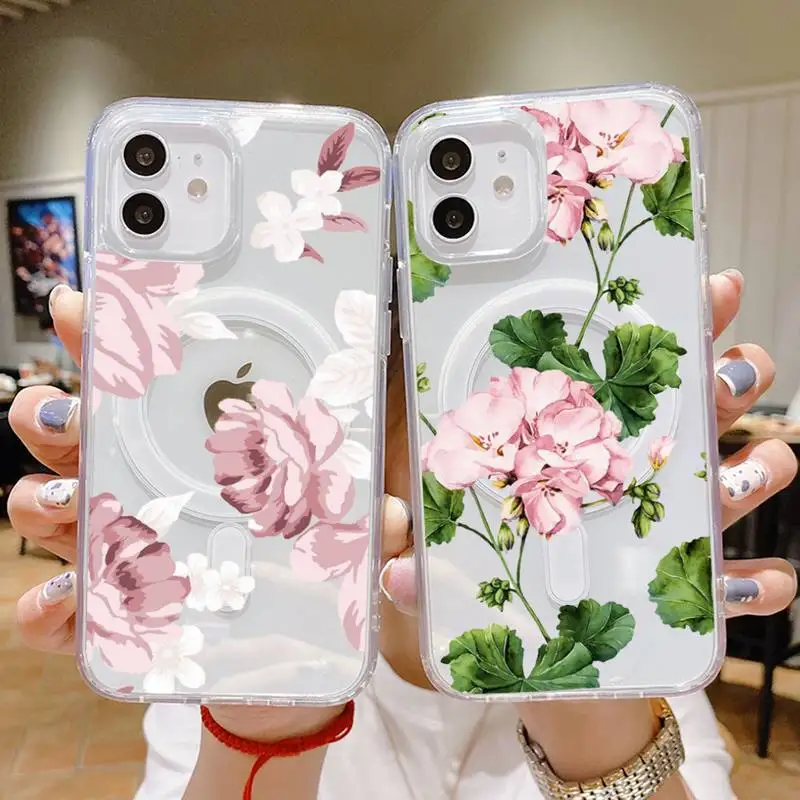 

blooming flower Phone Case For iPhone 13 12 11 Mini Pro Max transparent Super Magnetic MagSafe Cover