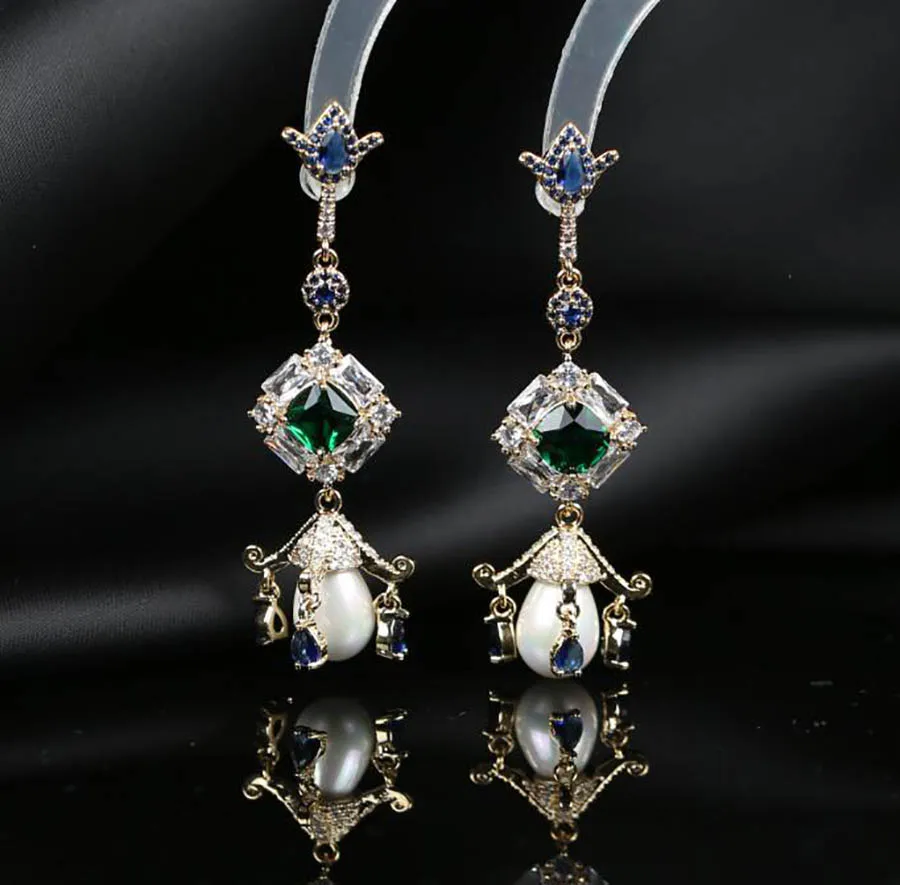 

Baroque Court Opera Gem Hollow Silver Needle Luxury Retro Small Earrings pearl vintage gorgeous women fine long jewelry
