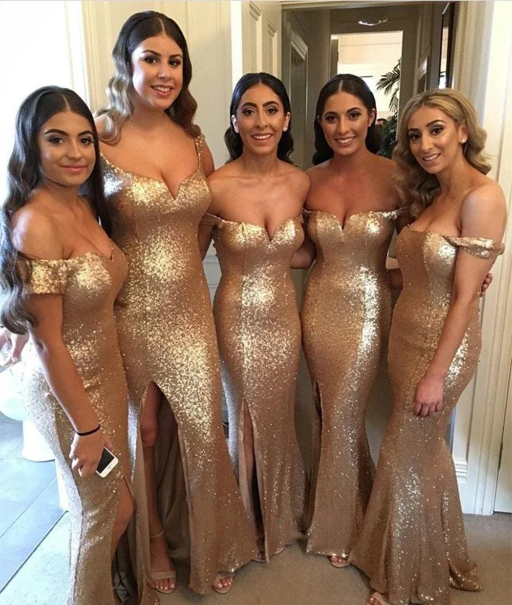 

Sequined Off Shoulder Floor Length Mermaid Bridesmaids Dresses Sexy Side Split Maid of Honor Gowns Corset Back