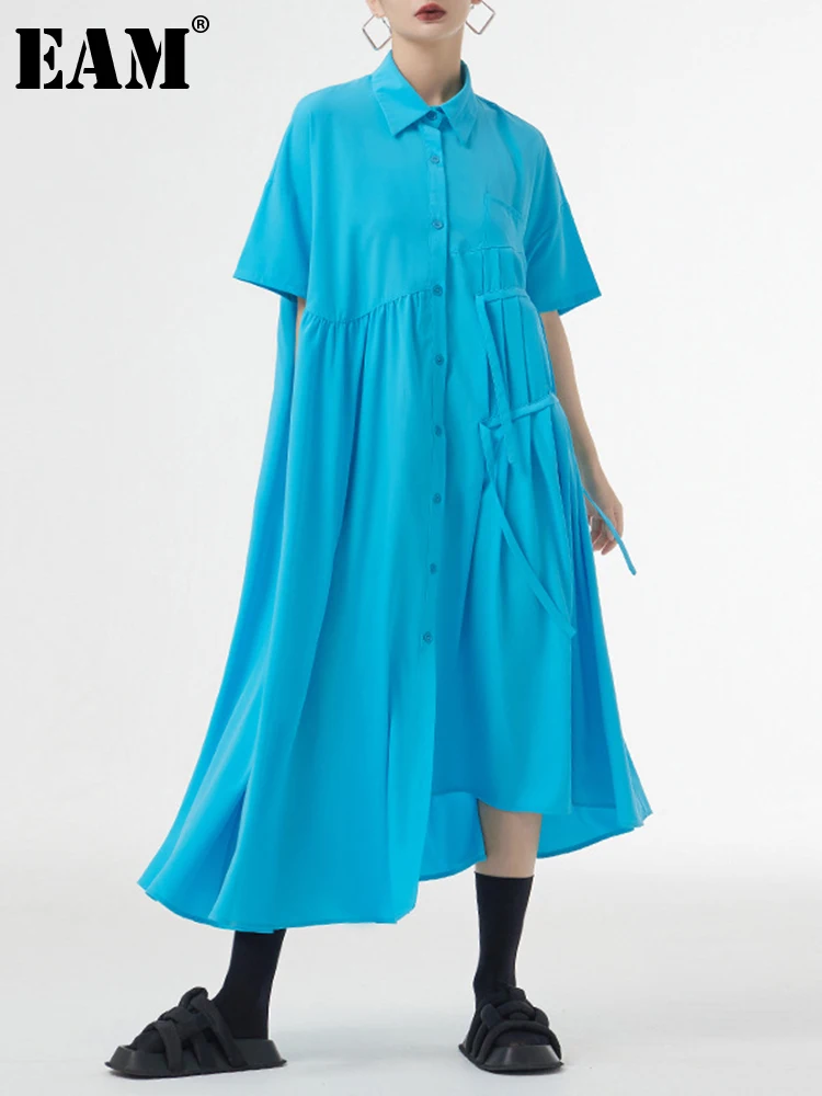 

Женское асимметричное платье-рубашка EAM, синее плиссированное платье большого размера с отворотом, с коротким рукавом, свободный крой, весн...
