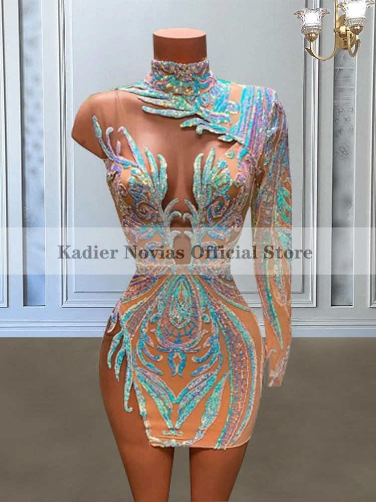 

KADIER NOVIAS женское сексуальное блестящее женское платье с высоким воротом на одно плечо с блестками кружевное вечернее Клубное платье на день рождения платье