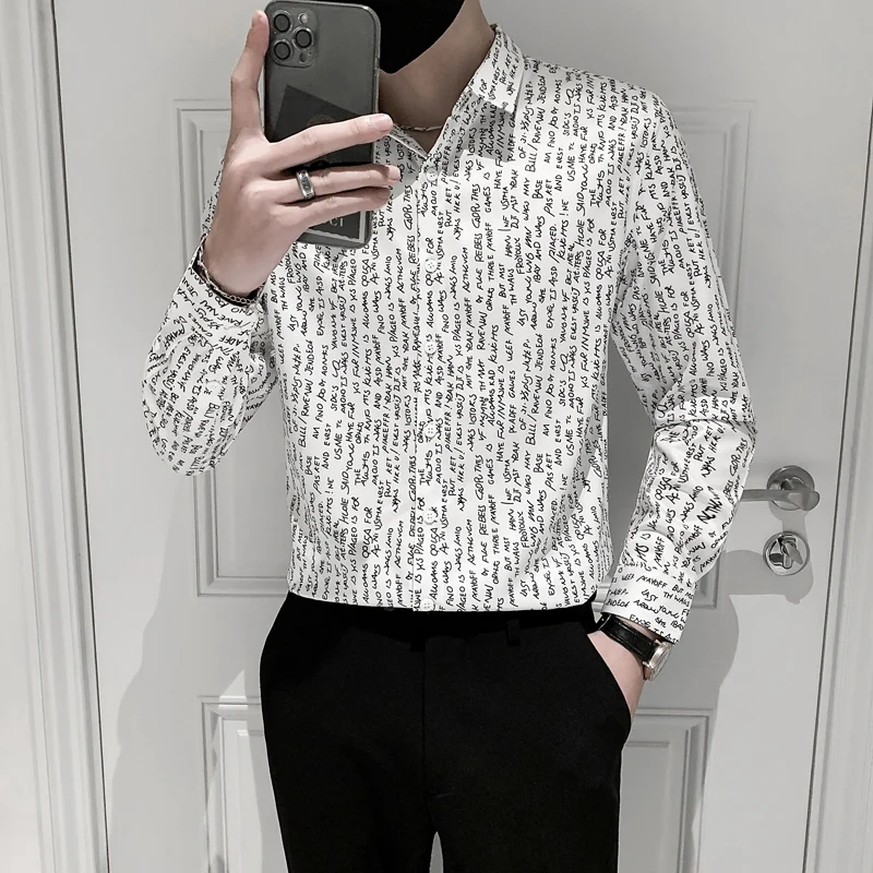 Full Letter Print Men Long Sleeve Casual Shirts 2021 Autumn Business Formal Dress Shirts Slim Fit Streetwear Social Party Blouse