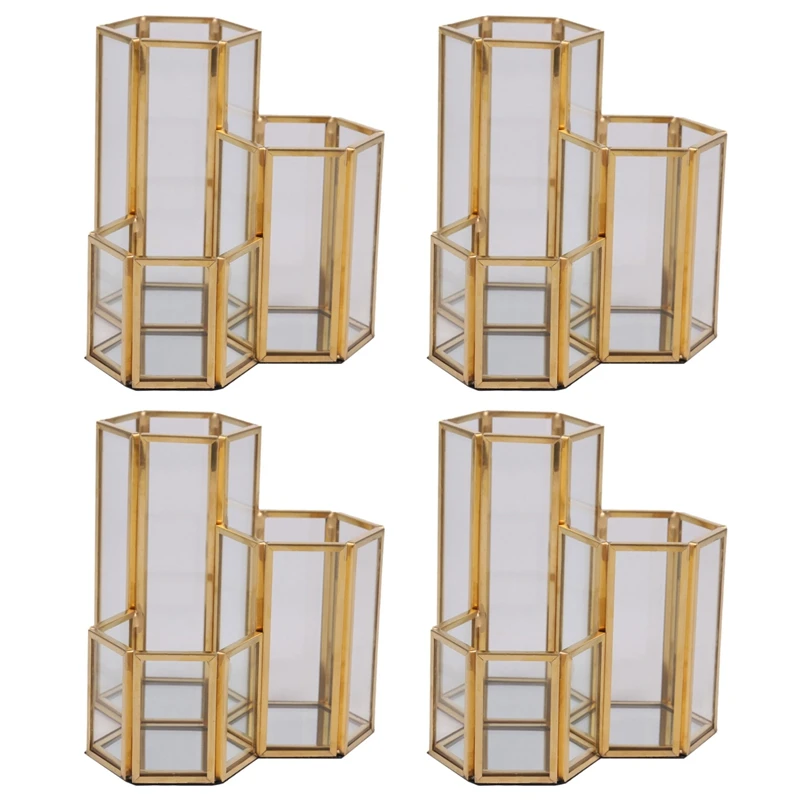 

HOT SALE 4X Glass Copper Hexagon Composite Pen Holder Makeup Brush Glass Box Multifunction Desktop Organizer Office Accessories