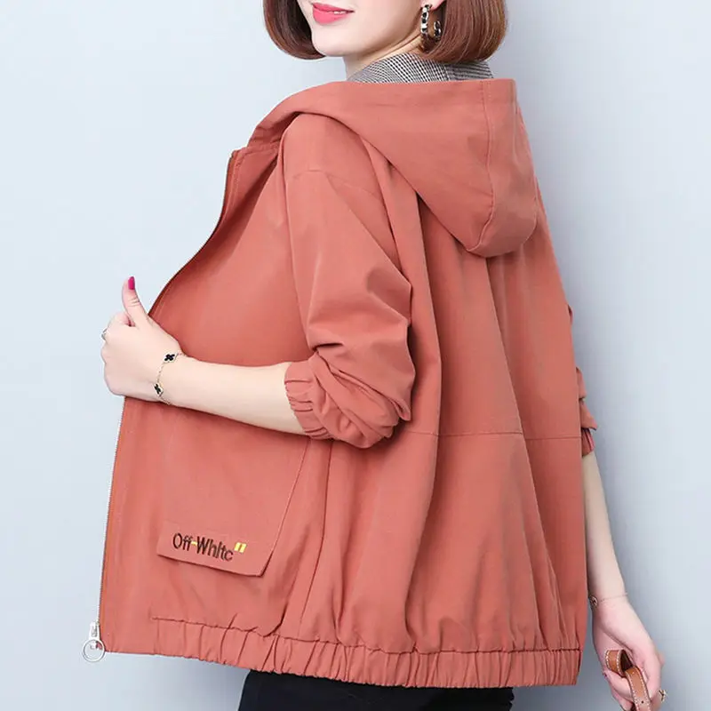 

Fashion Women Hooded Trench Coat Plus Size Double-layered Lining Spring Autumn Long Sleeve Top Loose Leisure Coat New Big Pocket
