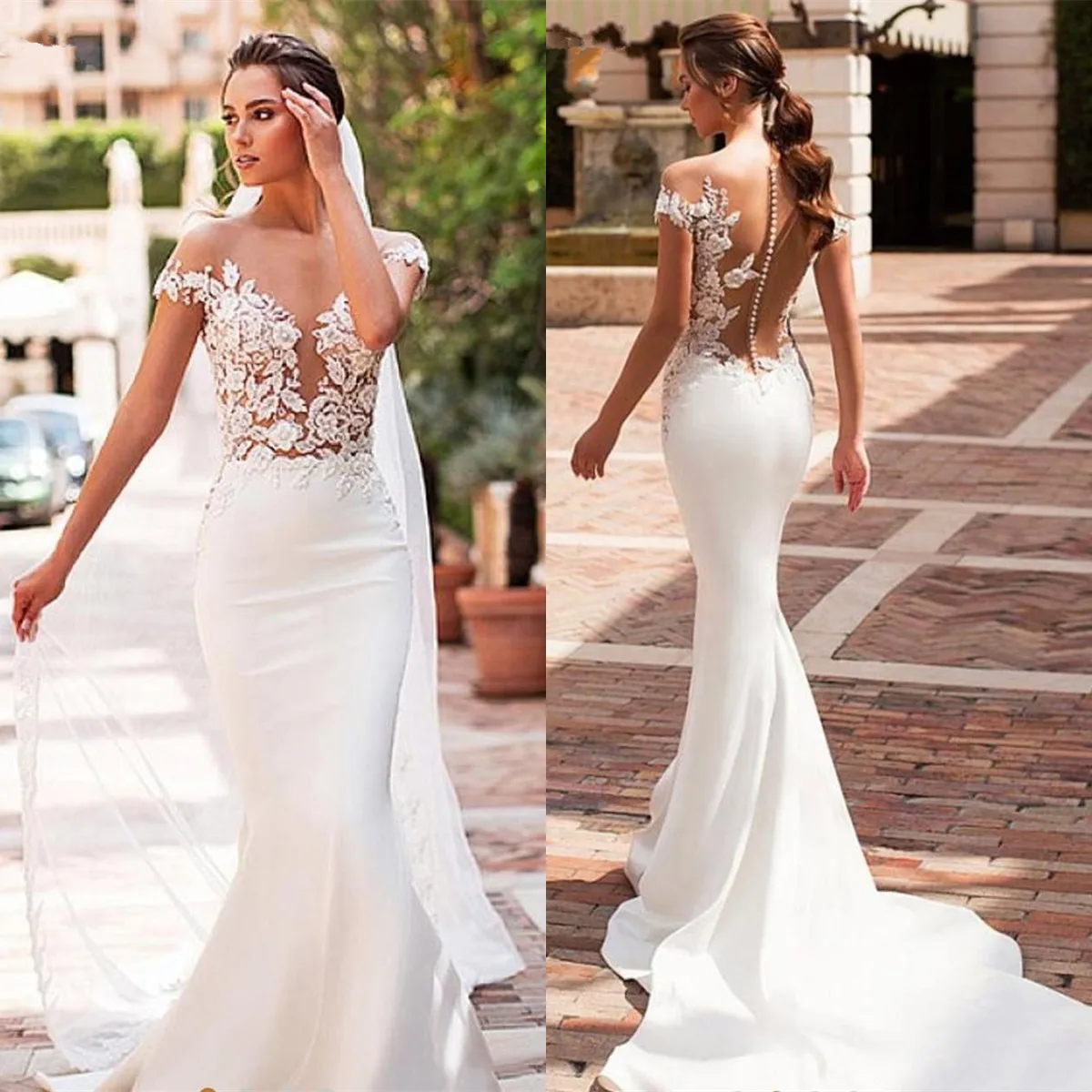 

Женское свадебное платье с юбкой годе, белое кружевное платье с коротким рукавом, аппликацией из бисера и цветами, новинка 2019