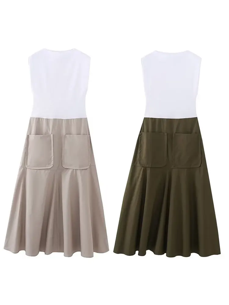 

Платье женское ТРАПЕЦИЕВИДНОЕ составного кроя с круглым вырезом, высокой талией и карманами