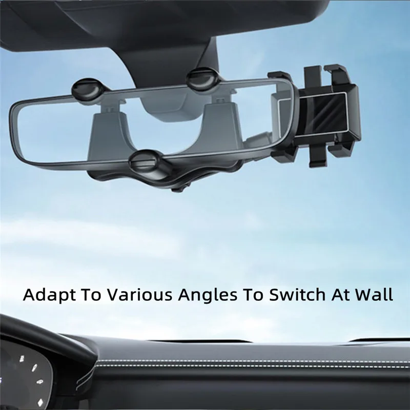 360° Car Rearview Mirror Mount Phone Holder Rotating Adjustable Telescopic Phone Holder Universal Vehicle Mount Phone GPS Holder